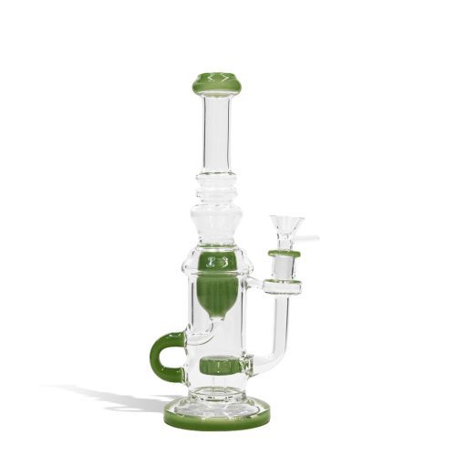 Jake Green front view 10 inch water pipe with color matching base, perc, difuser, and mouthpiece on white studio background