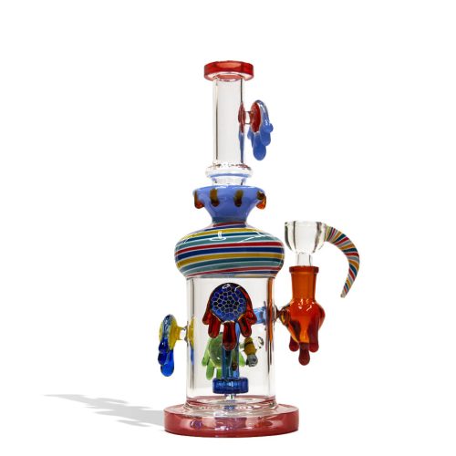 Red 10 Inch Dab Rig With Multi Designed Pearls Front View on White Background