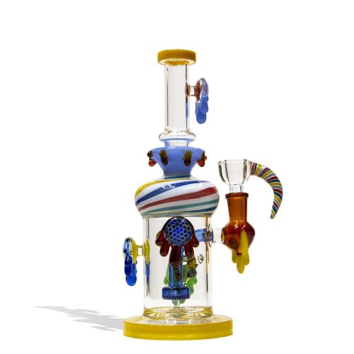 Yellow 10 Inch Dab Rig With Multi Designed Pearls Front View on White Background