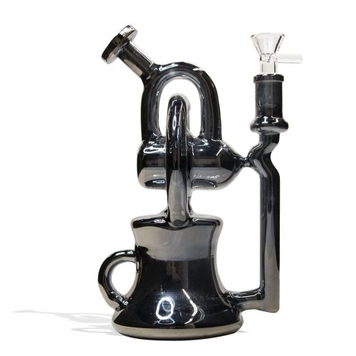 Plated Grey 10 Inch Glass Recycler Water Pipe With Plated Finish on White Background