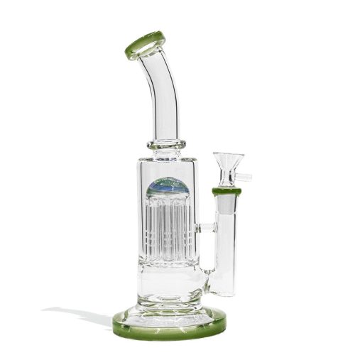 Jade Green 10 Inch Waterpipe with 8 Arm Perc and Bent Mouthpiece on white background