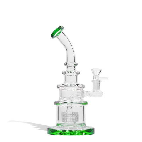 Green 10 Inch Waterpipe with Honeycomb Perc on white studio background