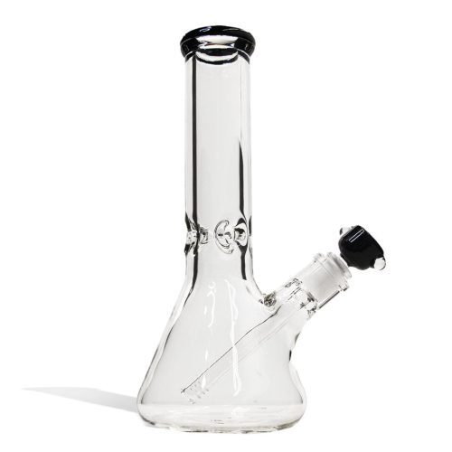 Black 12 inch Beaker Water Pipe with Ice Pinch and Colored Bowl Front View on White Background