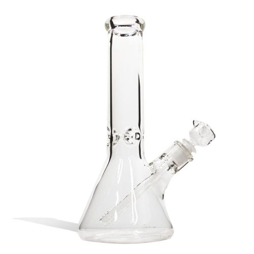 Clear 12 inch Beaker Water Pipe with Ice Pinch and Colored Bowl Front View on White Background