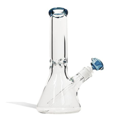 Clear Blue 12 inch Beaker Water Pipe with Ice Pinch and Colored Bowl Front View on White Background