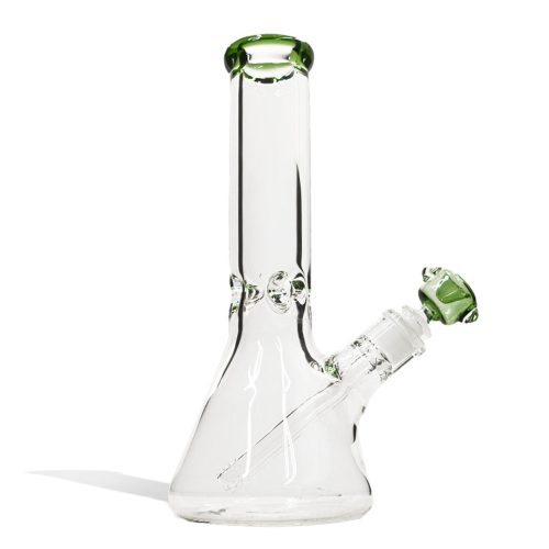 Green 12 inch Beaker Water Pipe with Ice Pinch and Colored Bowl Front View on White Background