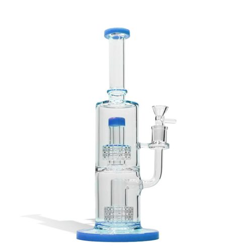 Blue 12 Inch Dual Perc Waterpipe with Color Matched Mouthpiece and Base on white studio background