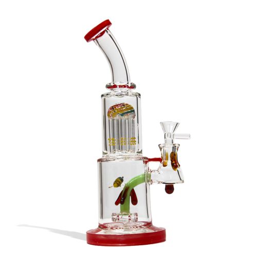 Red 13 Inch Dual Perc Water Pipe Bee Downstem Front View on White Background