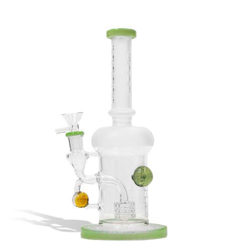 Jade Green 9 inch water pipe with honey comb perc and 14mm funnel bowl on white studio background