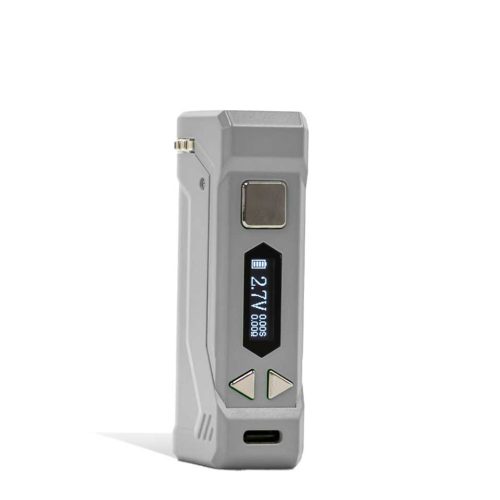 Silver side view Yocan UNI PRO 2 Adjustable Cartridge Vaporizer on white studio background