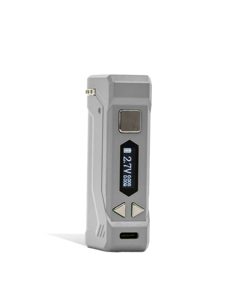 Silver side view Yocan UNI PRO 2 Adjustable Cartridge Vaporizer on white studio background