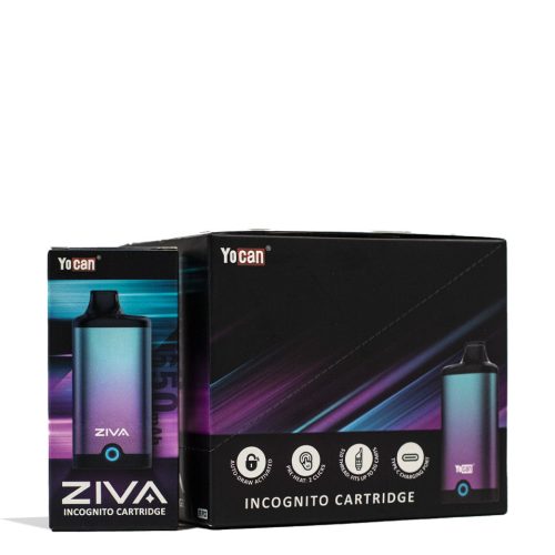 Blue Purple Yocan ZIVA Smart Cartridge Vaporizer 10pk Packaging Front View on White Background