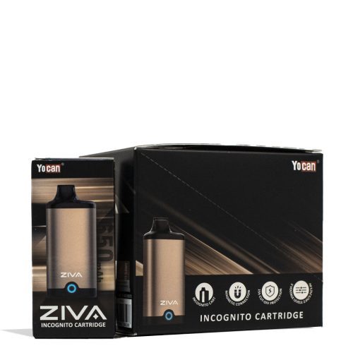 Gold Yocan ZIVA Smart Cartridge Vaporizer 10pk Packaging Front View on White Background