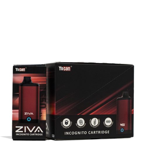 Red Yocan ZIVA Smart Cartridge Vaporizer 10pk Packaging Front View on White Background