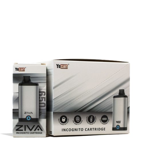 Silver Yocan ZIVA Smart Cartridge Vaporizer 10pk Packaging Front View on White Background